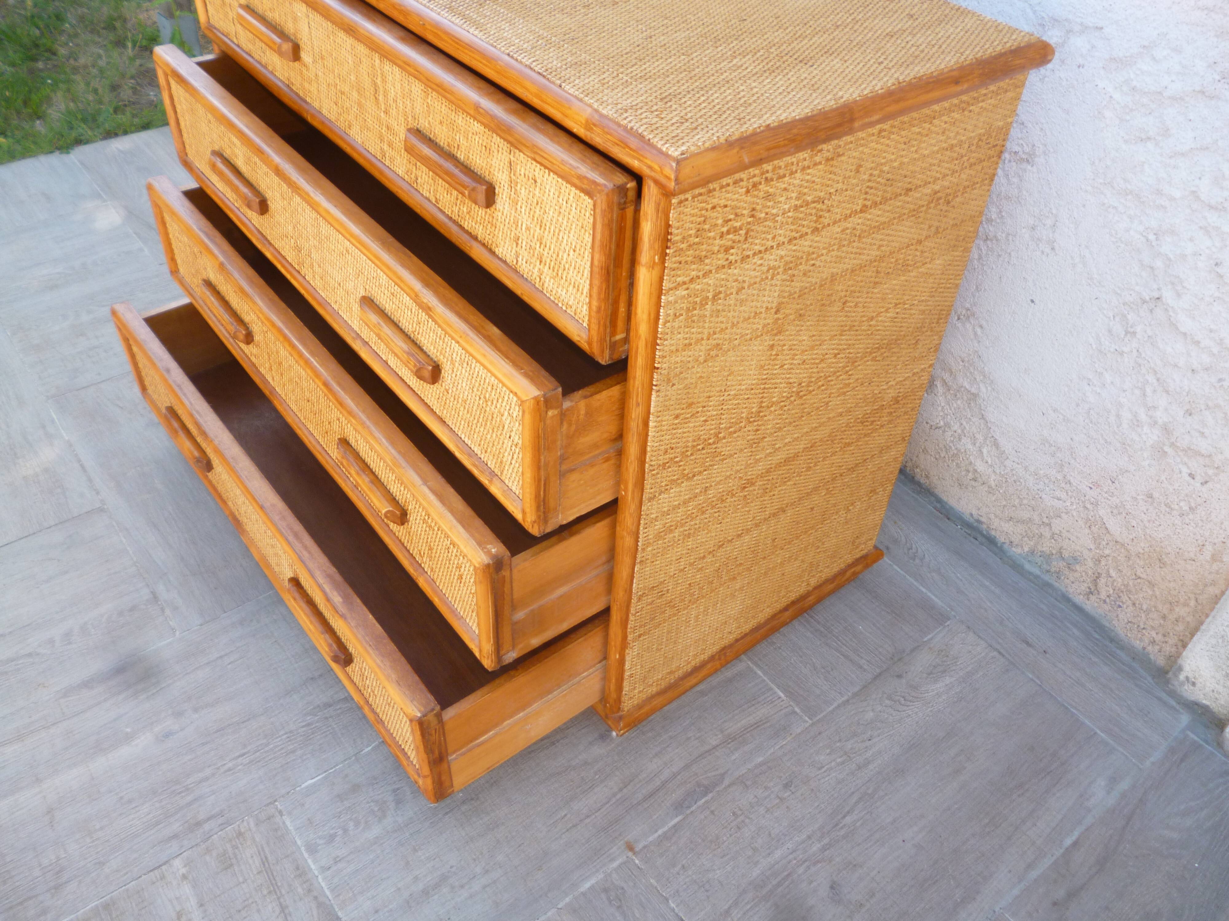 Vintage rattan bamboo chest of drawers