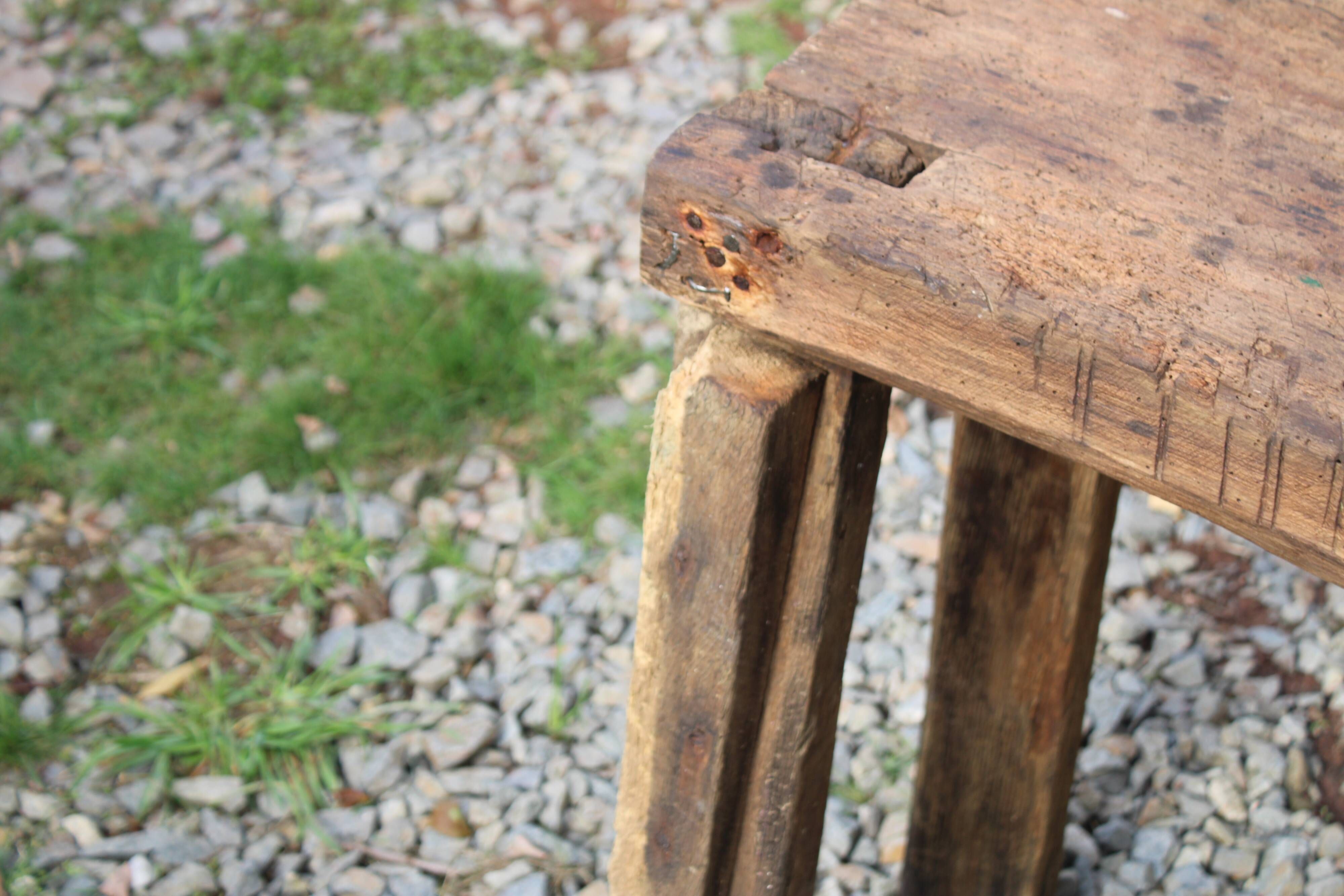 Old solid wood workbench – character console, thick top – 165 cm
