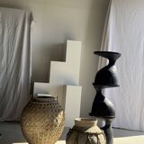 Immense light grey antique-style pot with a crosshatch lid and handles.