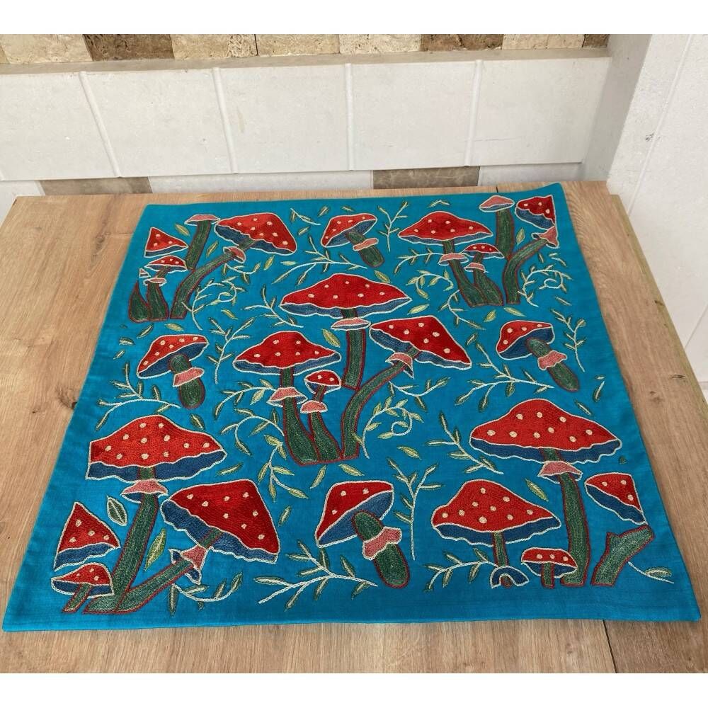Silk Embroidered Mushroom Pattern Cushion Cover. Blue Throw Pillow Case. Traditional Accent Pillow