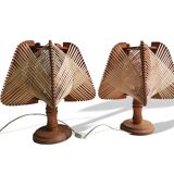 Portuguese Mid Century Modernist wood straw wooden table lamps 1960s SET of 2