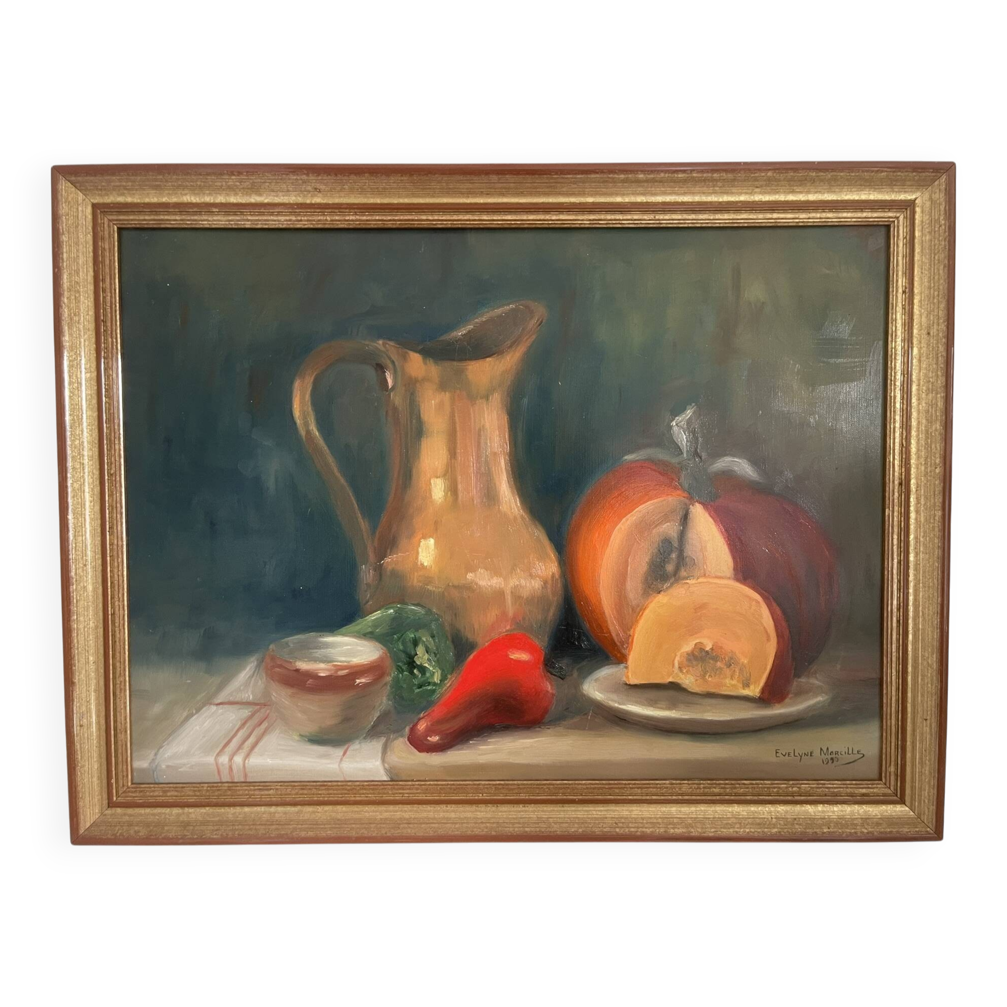 Old Oil Painting Still Life Golden Frame Signed Marcille 1990
