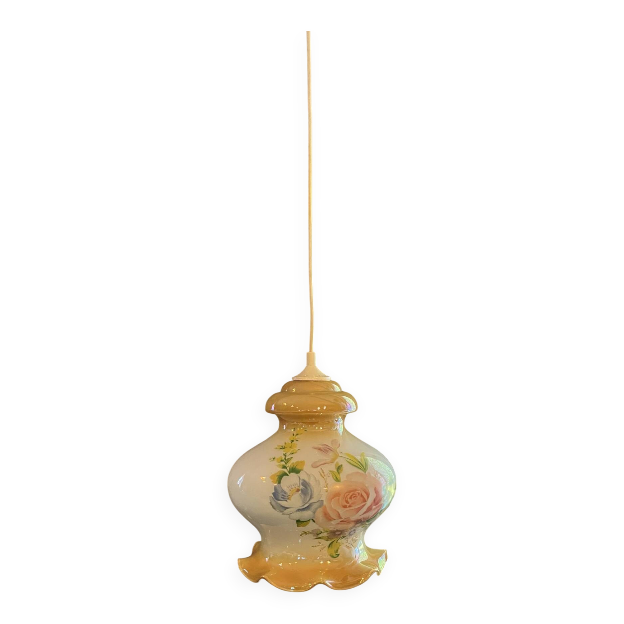 Vintage suspension in iridescent opaline floral – Verrerie de Vianne – Ét