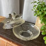 Glass butter dish with "birds" design