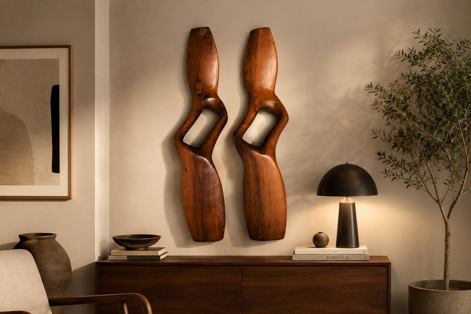 Paire de sculptures murales abstraites modernistes en bois massif, diptyque