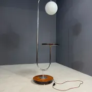 Restored Bauhaus floor lamp with integrated table by R. Slezák, chrome and wood, Czechoslovakia, 1920s, 172 × 45 cm