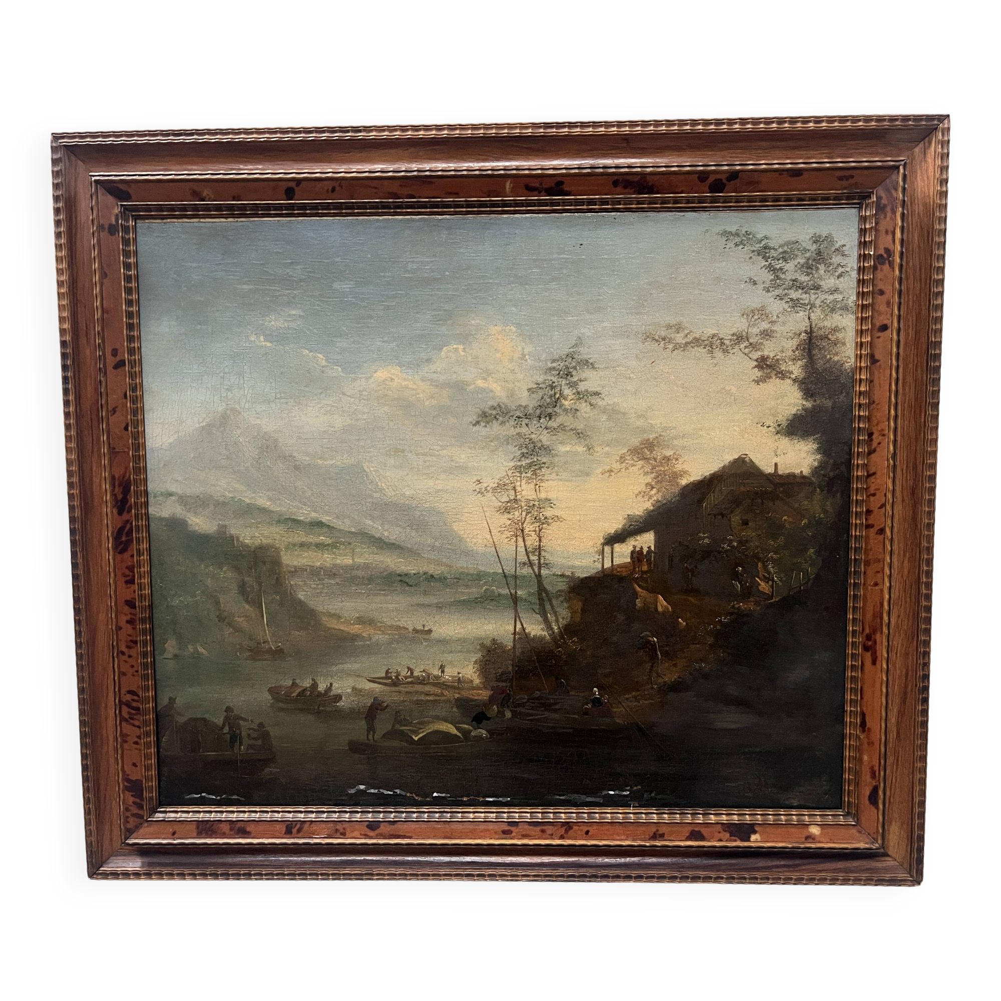 Oil on canvas "Seascape and Mountains" 19th century