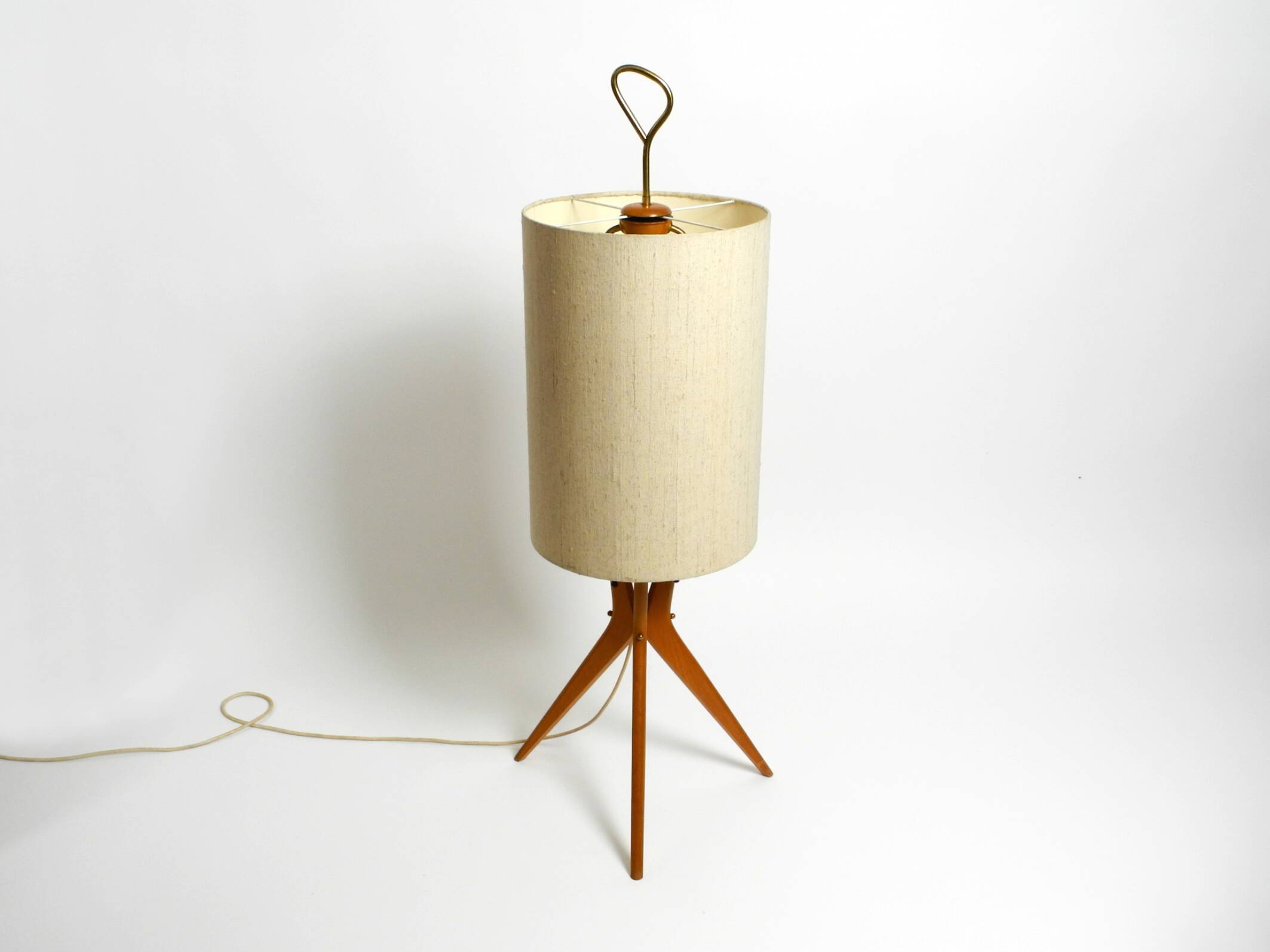 Mid Century Modern tripod walnut wood floor lamp with large fabric shade