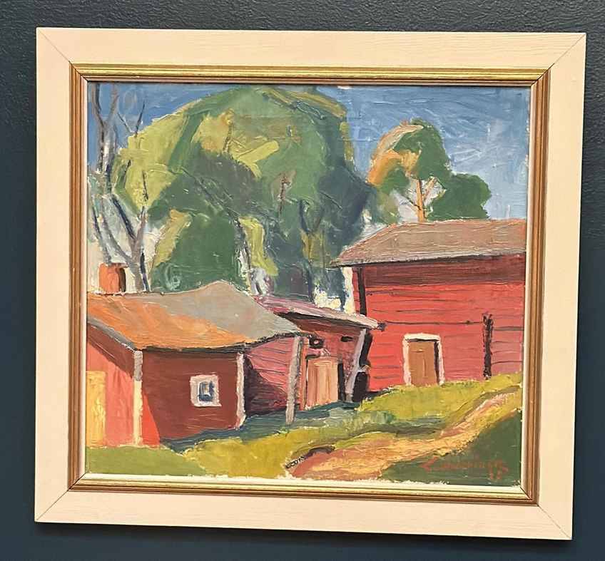 Original Swedish Oil On Canvas – “Red Barns” By L. Wuariner – Vintage & Framed