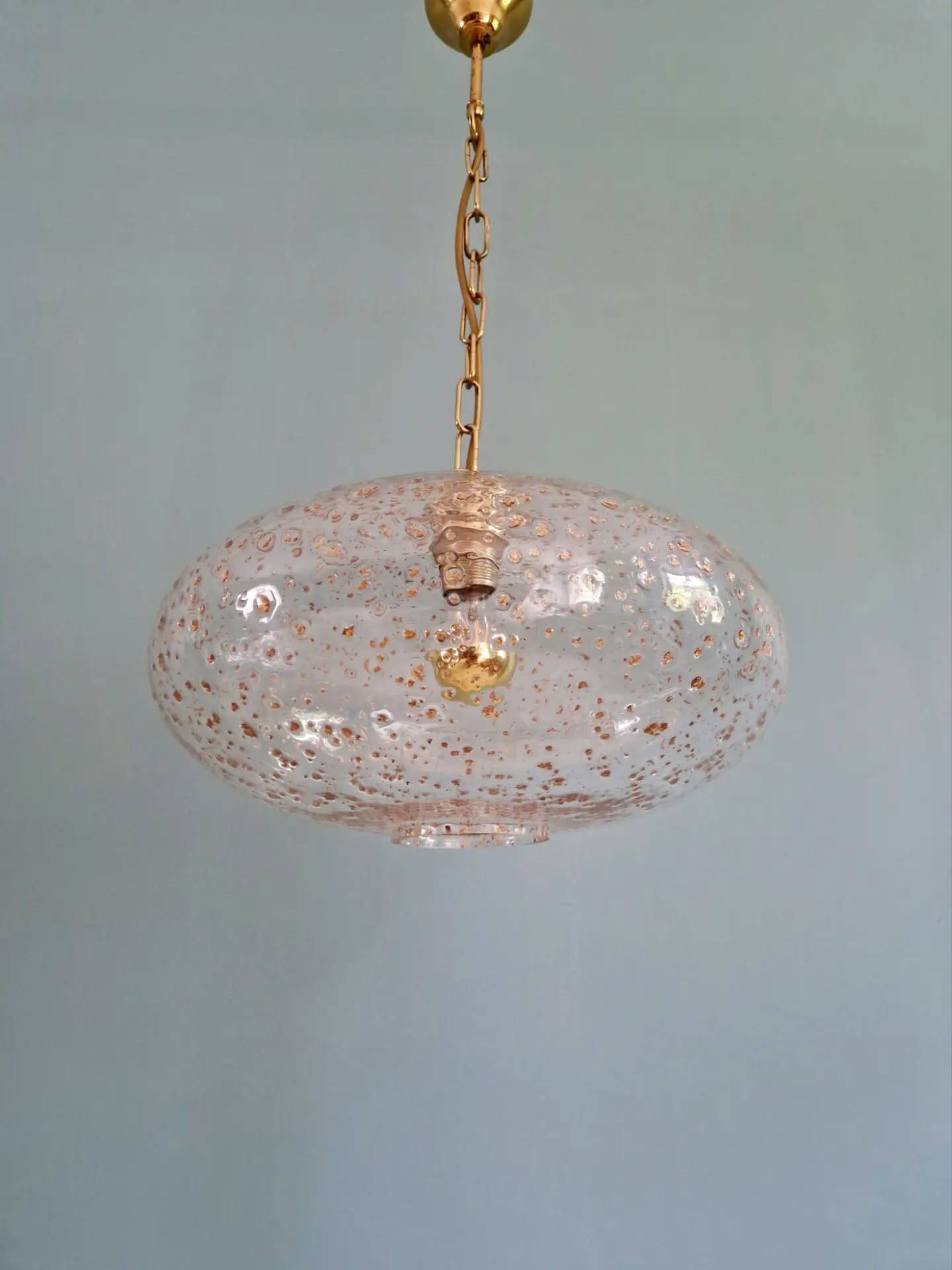 Large vintage glass pendant light, with gold inclusions, 1970.