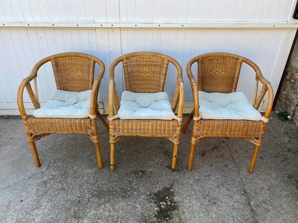 Set of 3 armchairs in rattan and wicker vintage