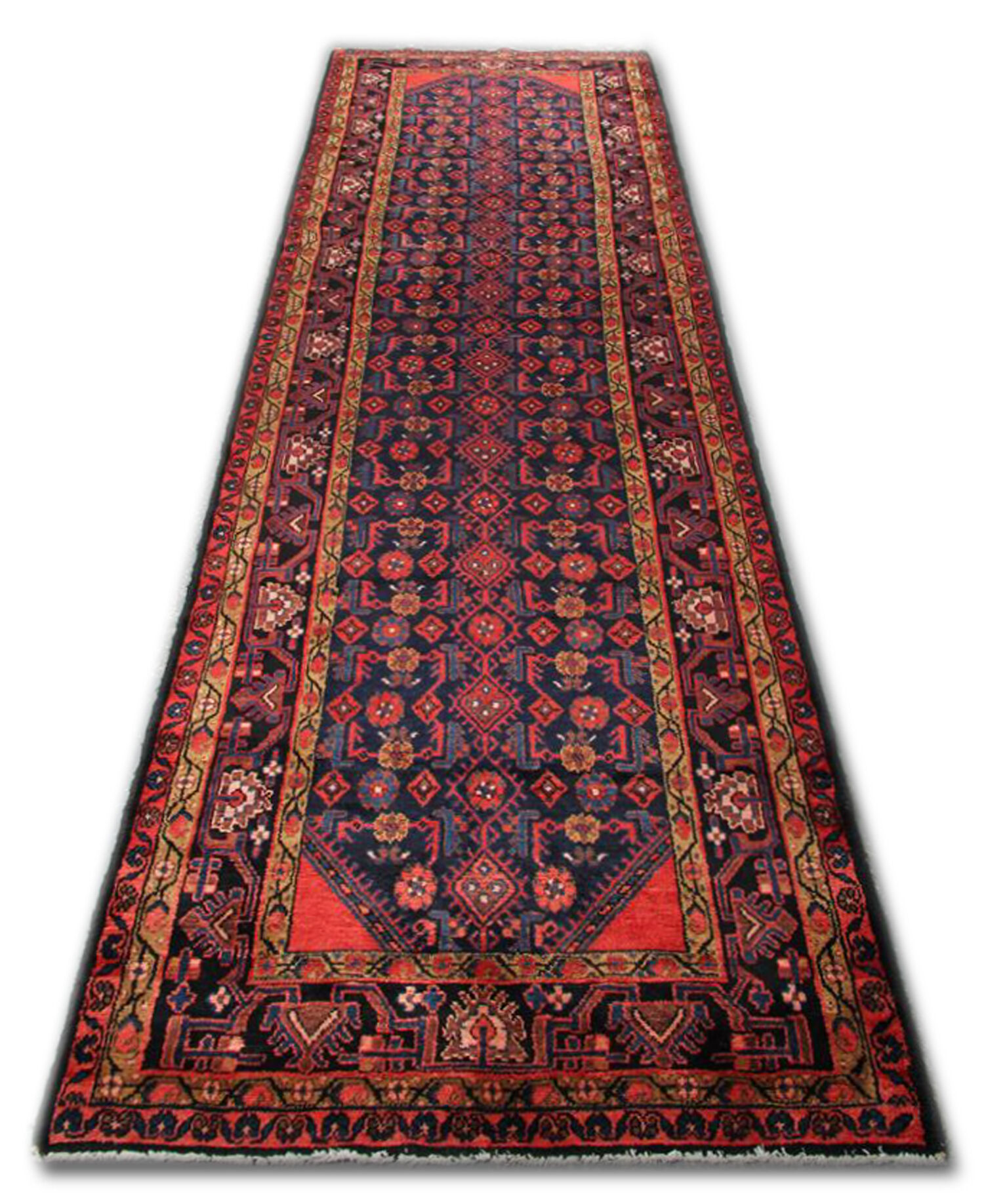 Long Vintage Persian Hamadan Rug, Traditional Oriental Blue Wool Runner 117x425cm