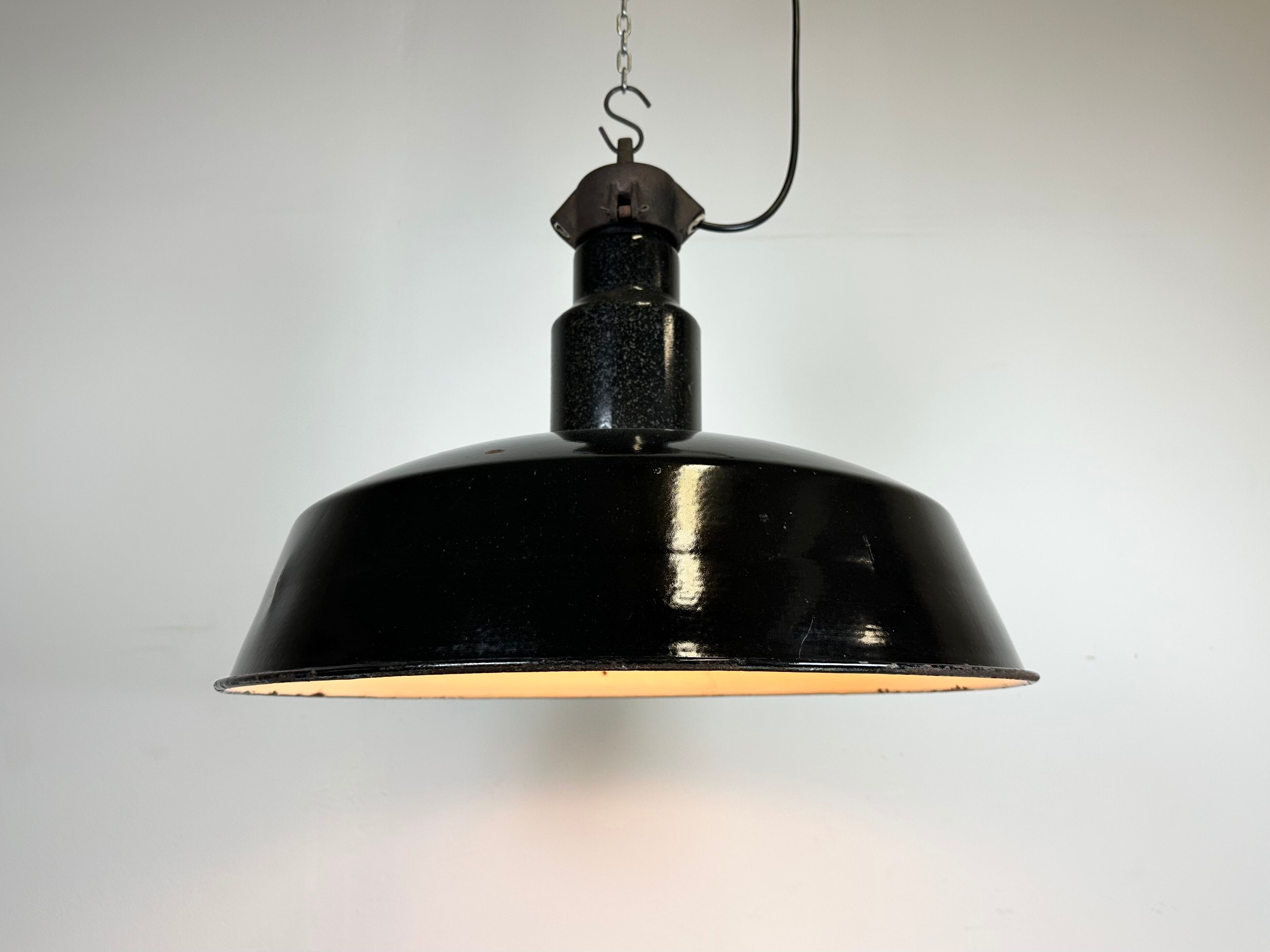 Industrial midcentury black enamel factory lamp, 1950s