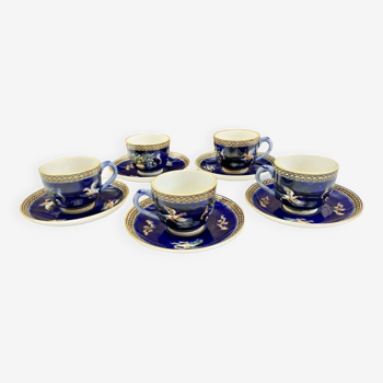 5 cups and 5 saucers Gien coffee renaissance decor blue background 1938 1960