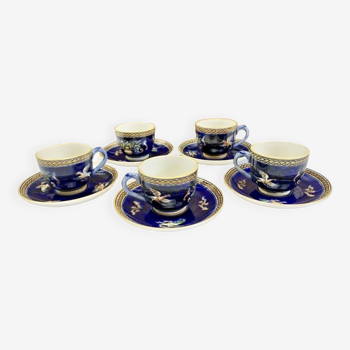 5 tasses et 5 sous tasses café Gien décor renaissance fond bleu 1938 1960