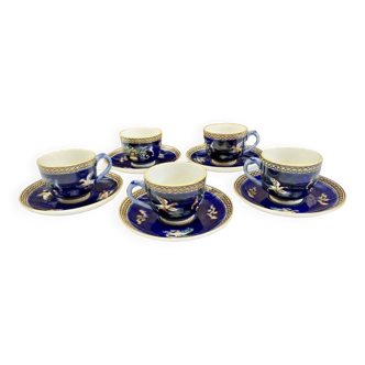 5 cups and 5 saucers Gien coffee renaissance decor blue background 1938 1960