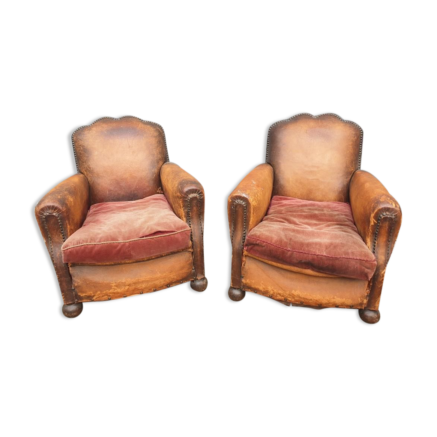Pair armchairs club leather "punk" back mustache