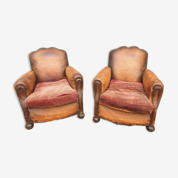 Pair armchairs club leather "punk" back mustache