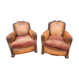 Pair armchairs club leather "punk" back mustache