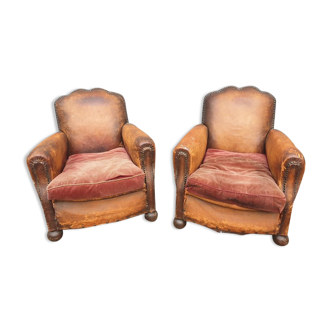 Pair armchairs club leather "punk" back mustache