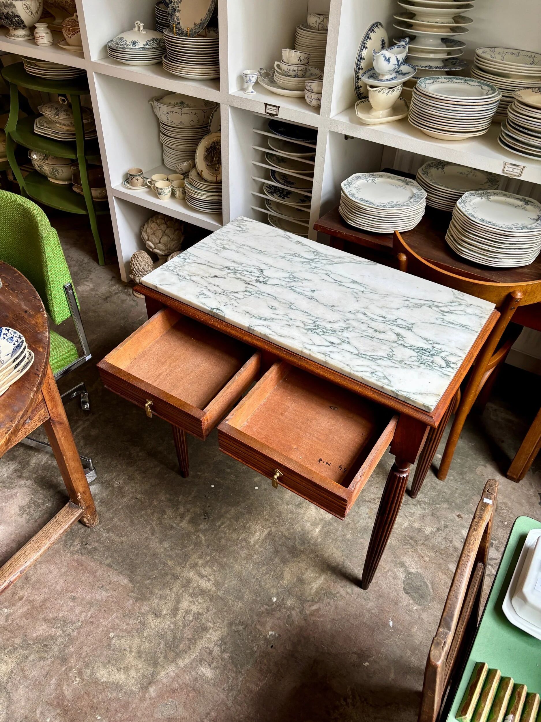 Desk, dark wood and marble side table