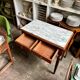 Desk, dark wood and marble side table