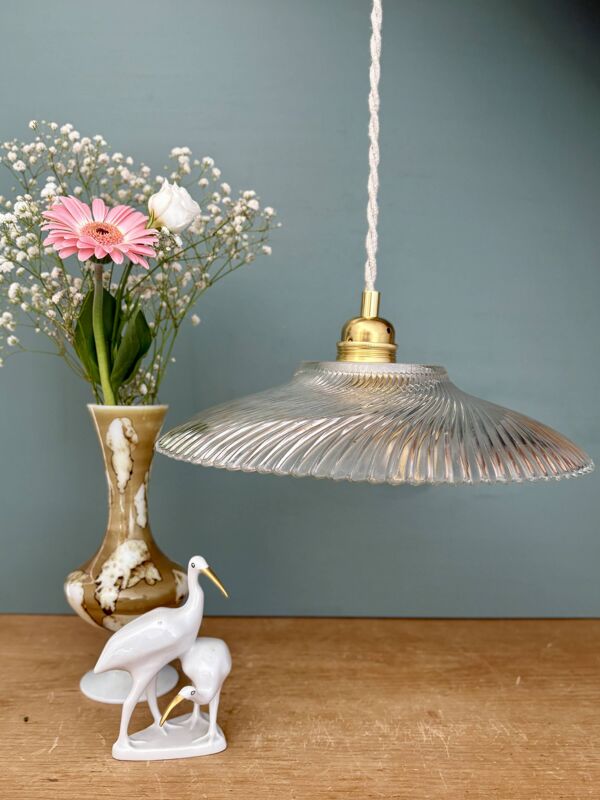 Suspension abat-jour vintage en verre moulé strié - collection vaisselle -