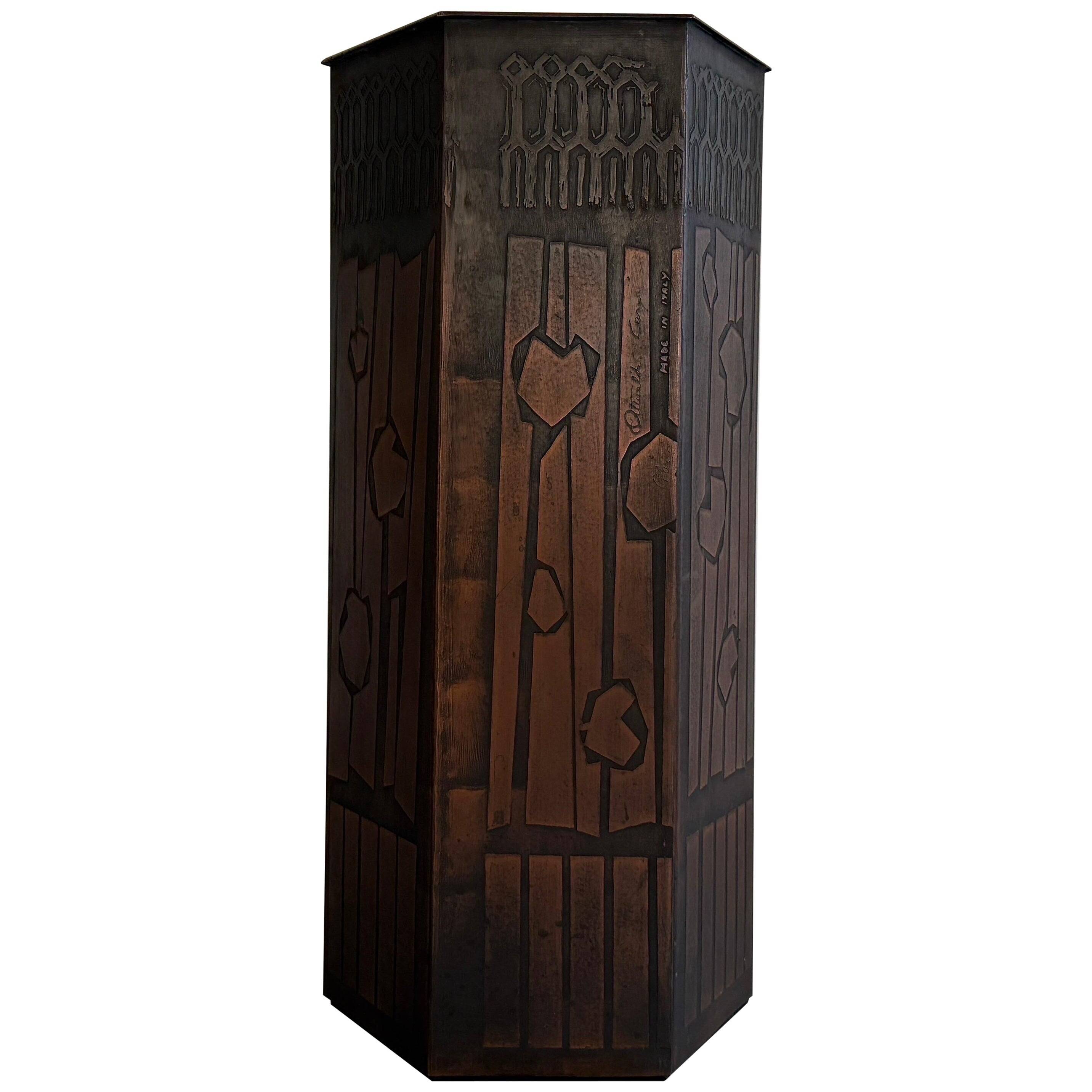 Hexagonal copper umbrella stand signed by the artist, 1960s, Italy.