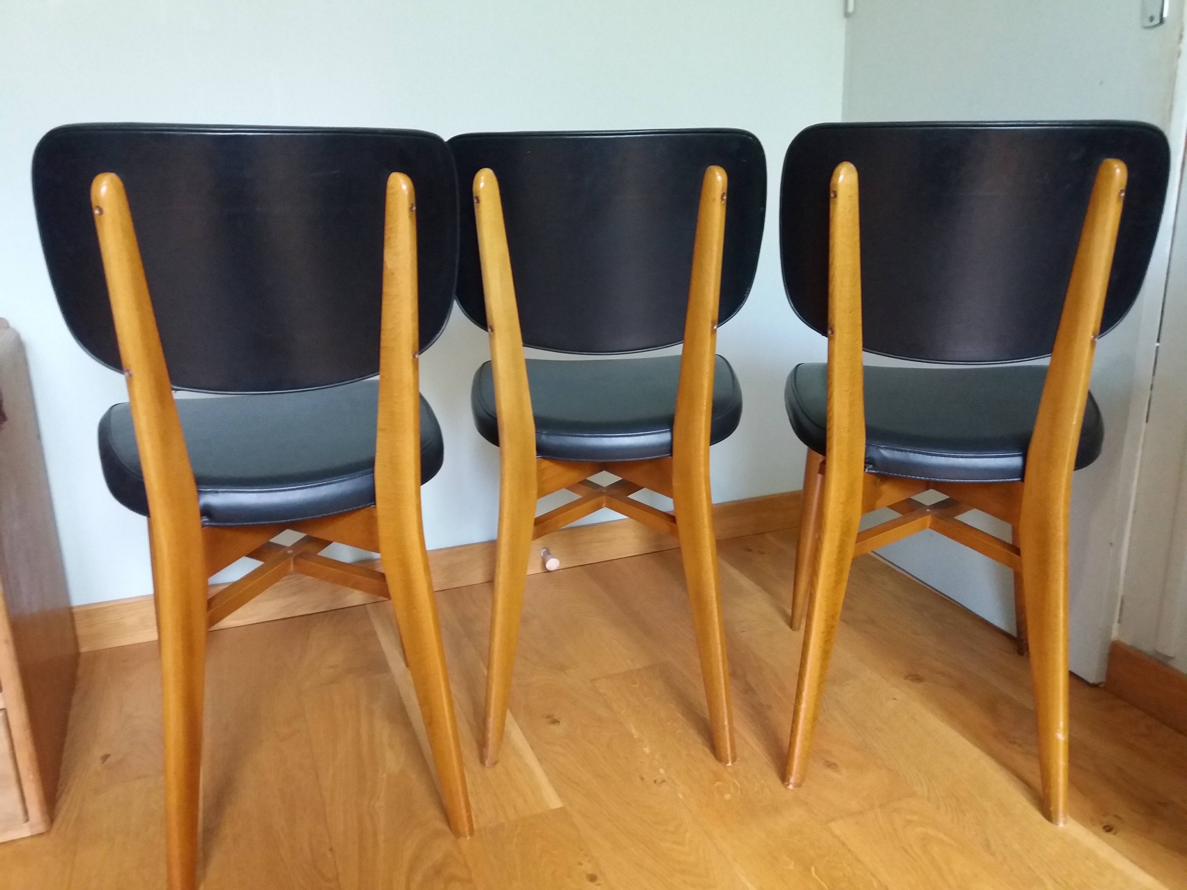 3 Scandinavian style skai faux leather and wood chairs