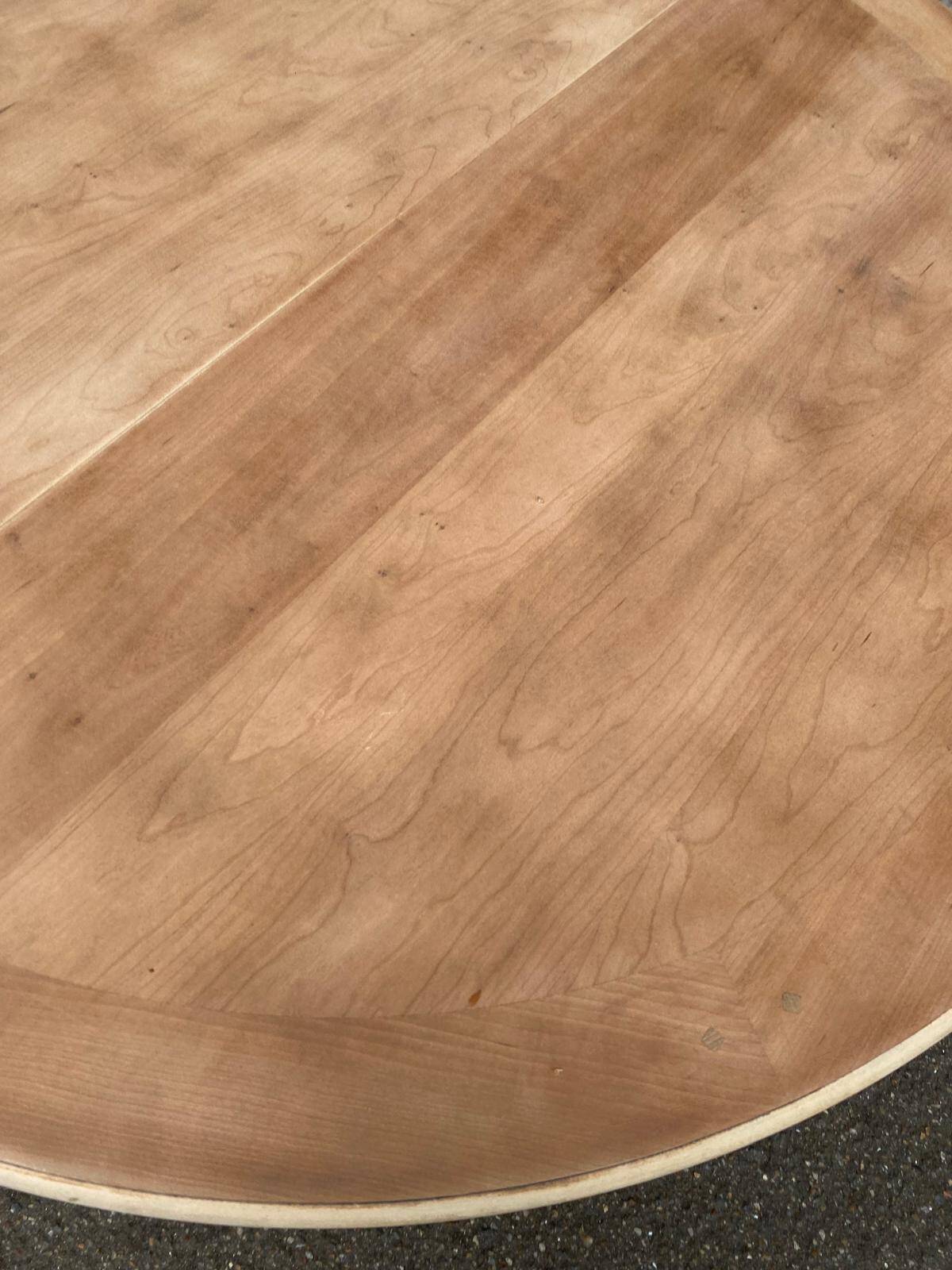 Renovated round extendable dining table with a central wooden leg, 113-203cm.