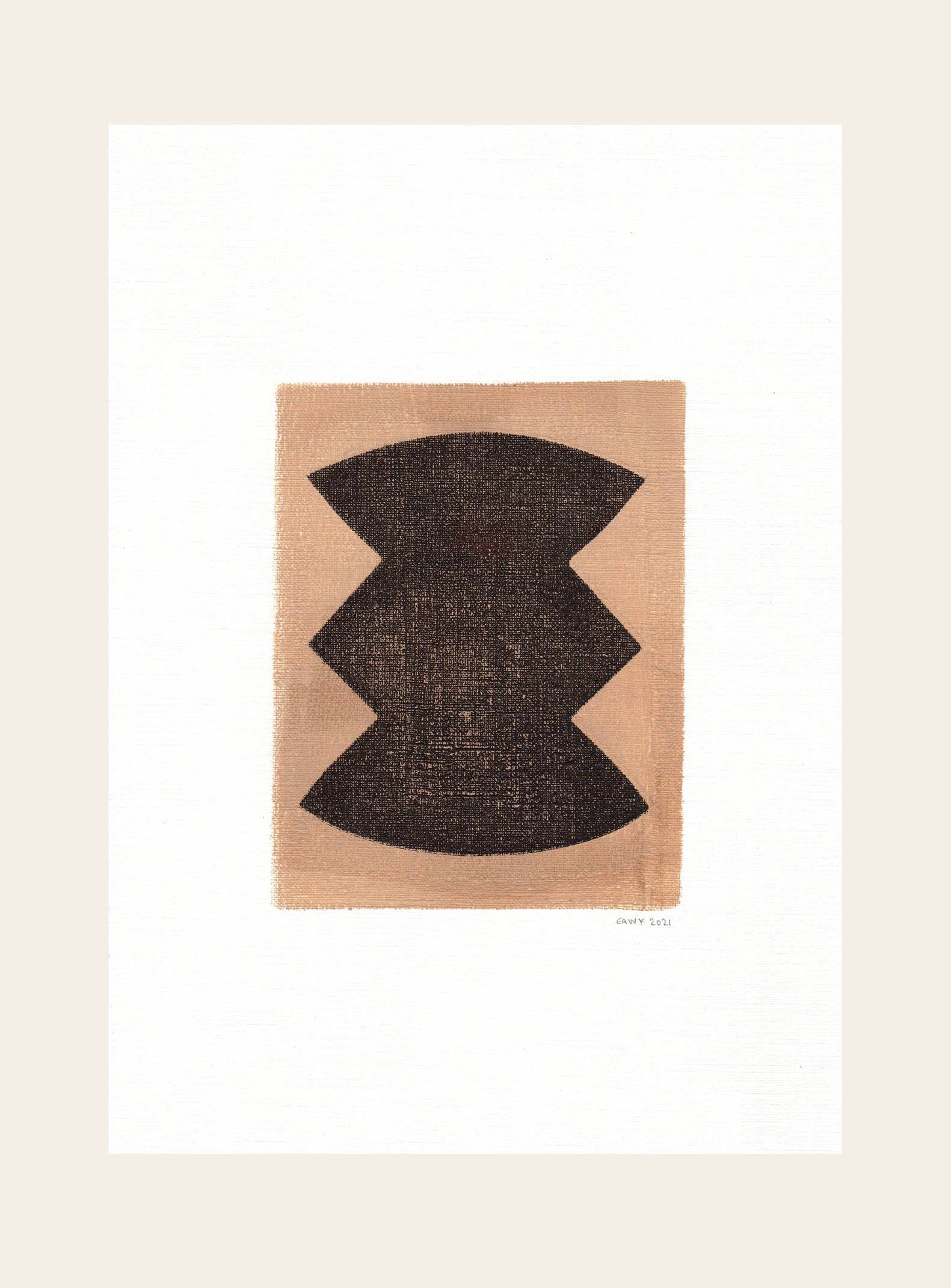 Abstract painting on framed paper signed Eawy in brown and black.