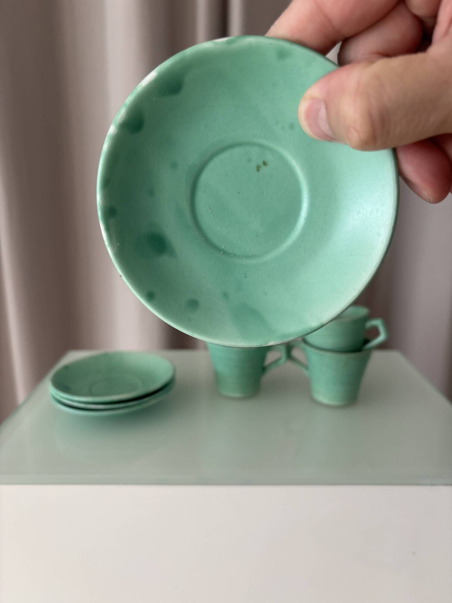 Set of 4 Vintage Jade Green Studio Pottery Espresso Cups & Saucers – Hand G