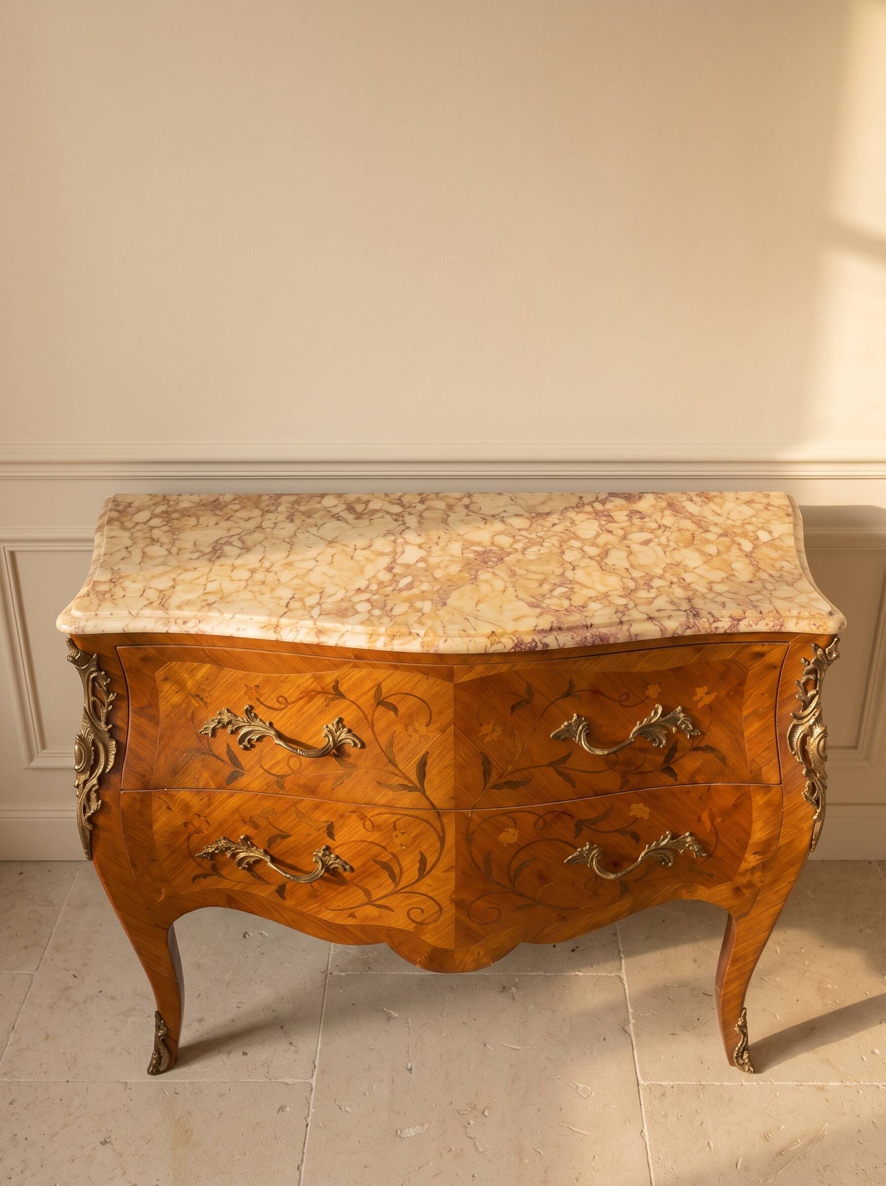 Louis XV style commode with marquetry and marble.
