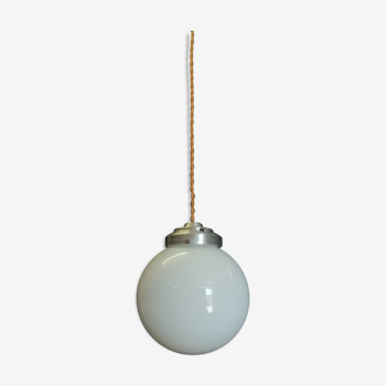 Art deco suspension - white opaline globe - porcelain pavilion -