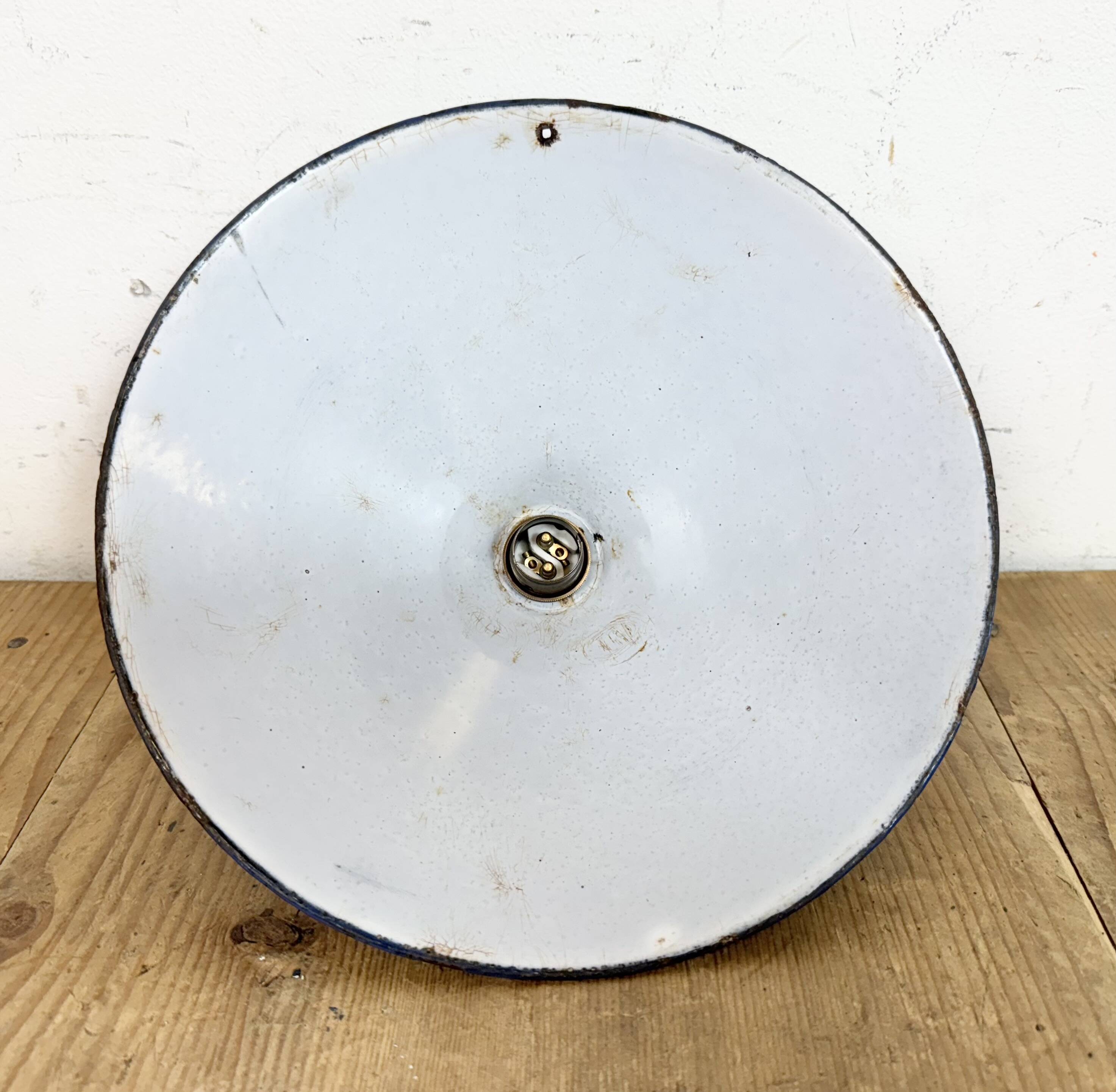 Industrial British Blue Enamel Factory Pendant Lamp, 1950s