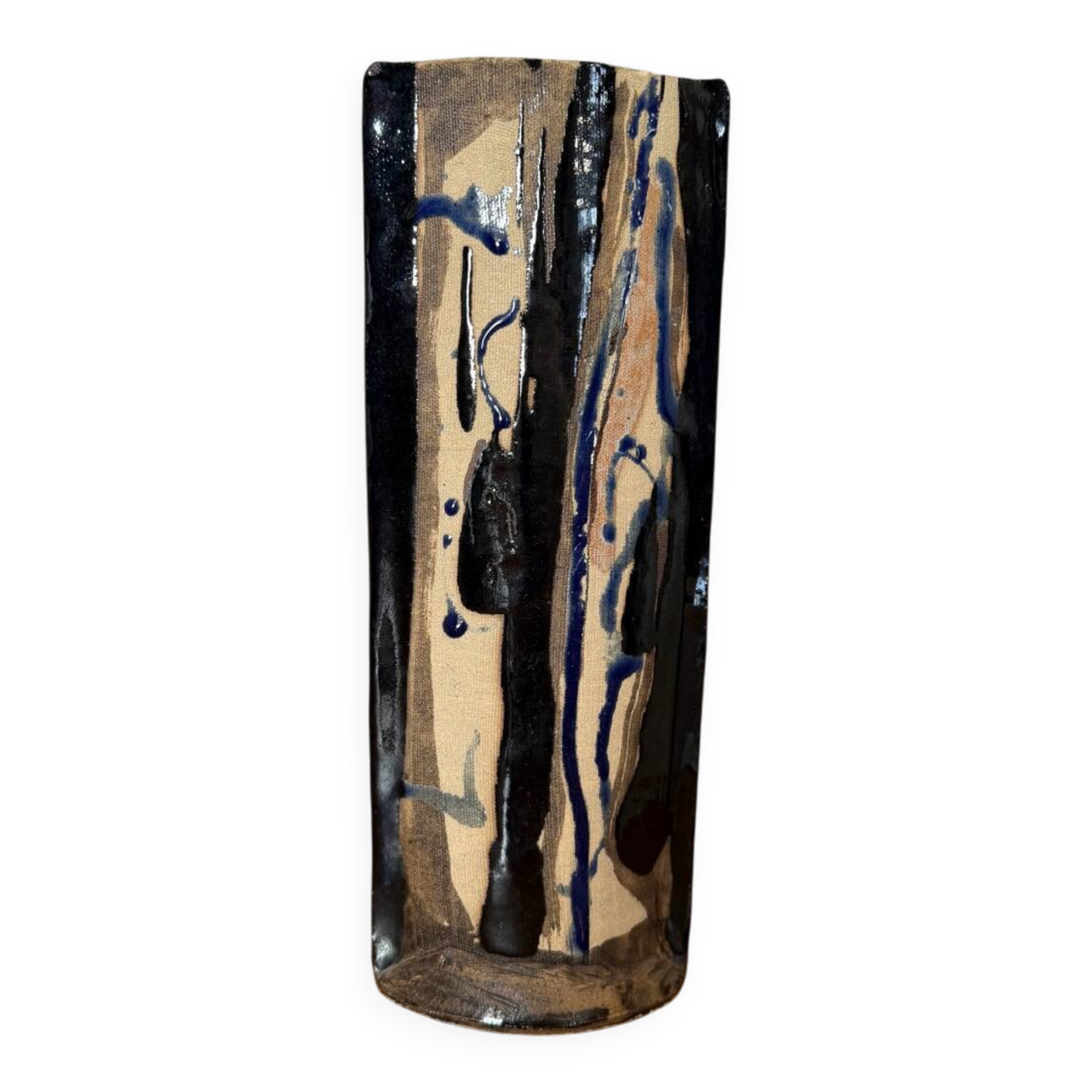 Large vase design in glazed ceramic, hand-painted, vintage, signed.