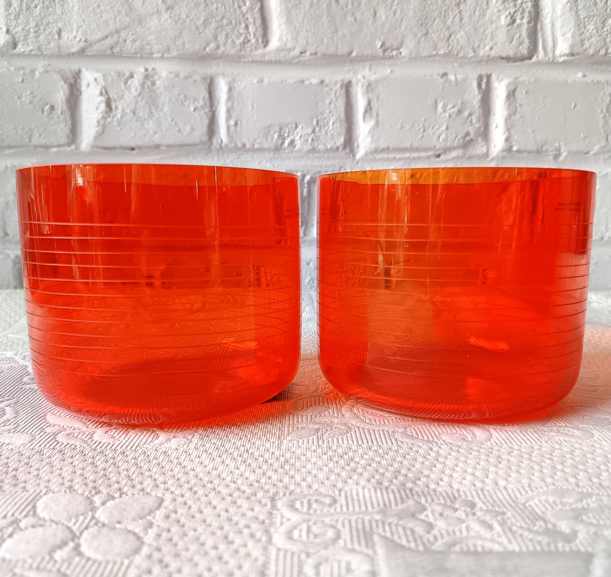2 large vintage orange glass tealight holders, France, Mikasa mouth-blown