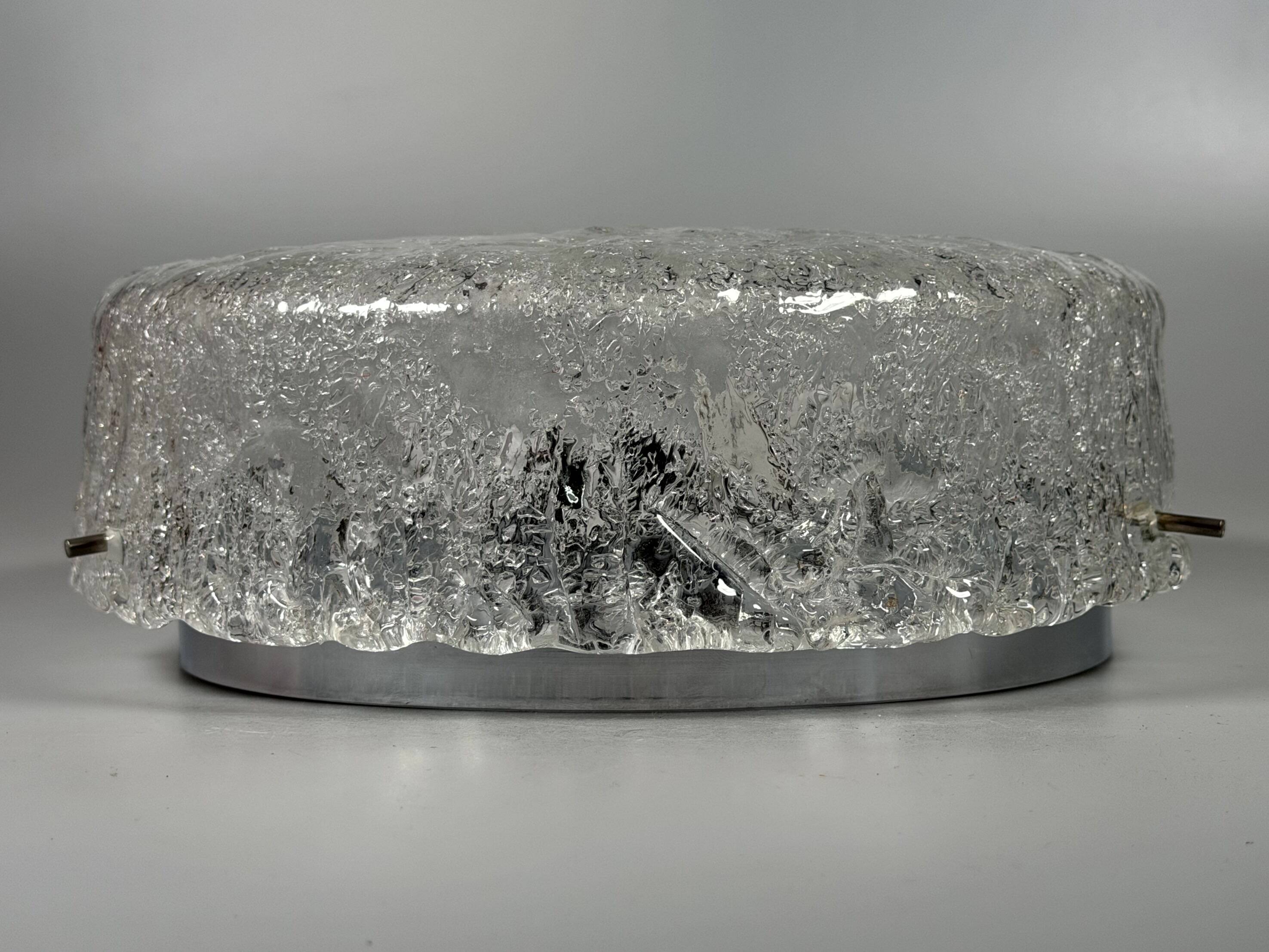 1960s 1970s Ceiling Light Flush Mount Ice Glass from Hillebrand Germany