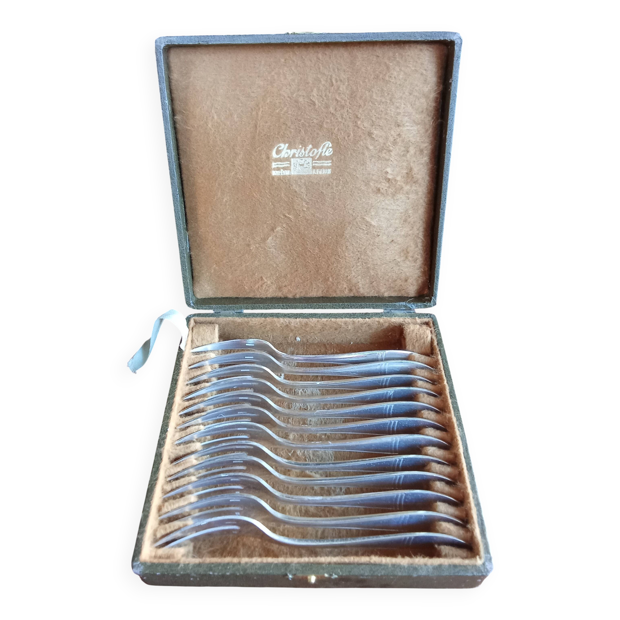 12 silver-plated metal condiment forks for shellfish by Christofle, Albi model.