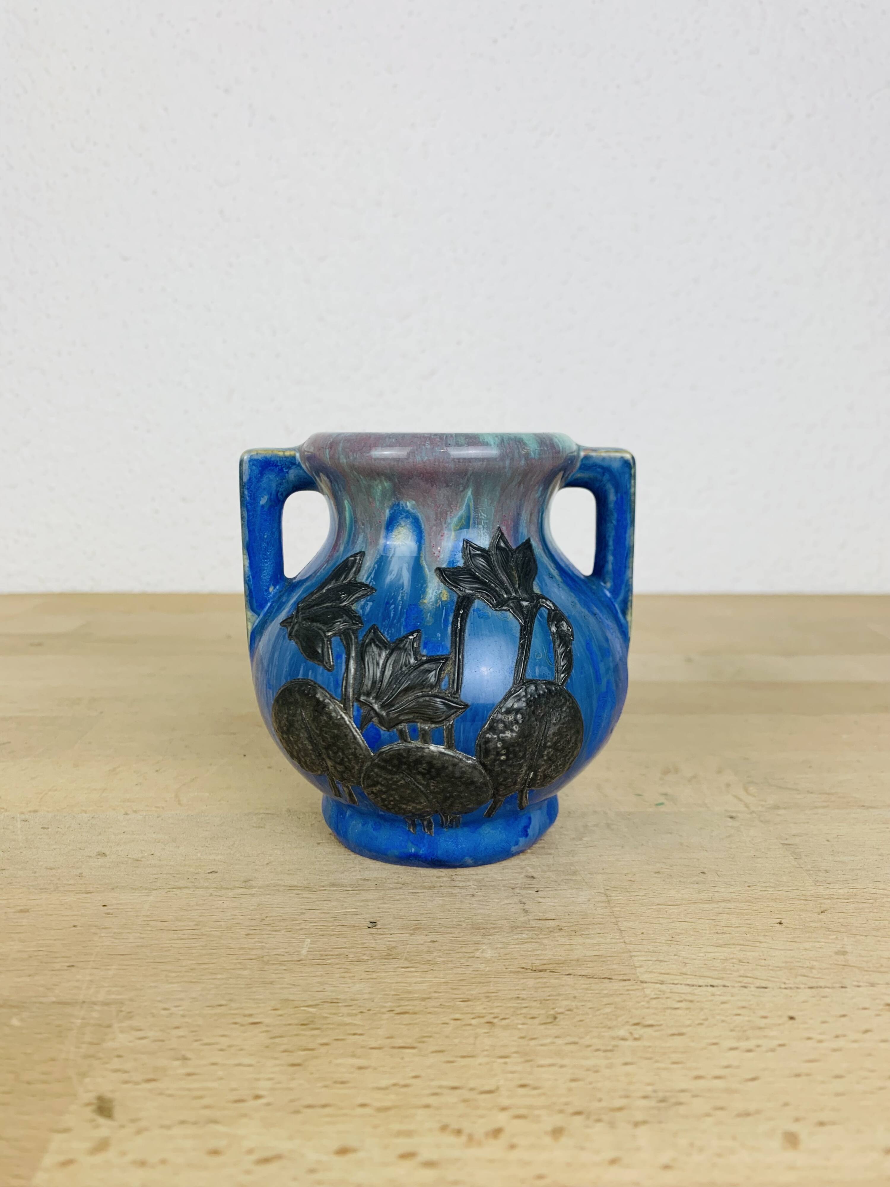 Pierrefonds stoneware art deco vase, tin floral decoration