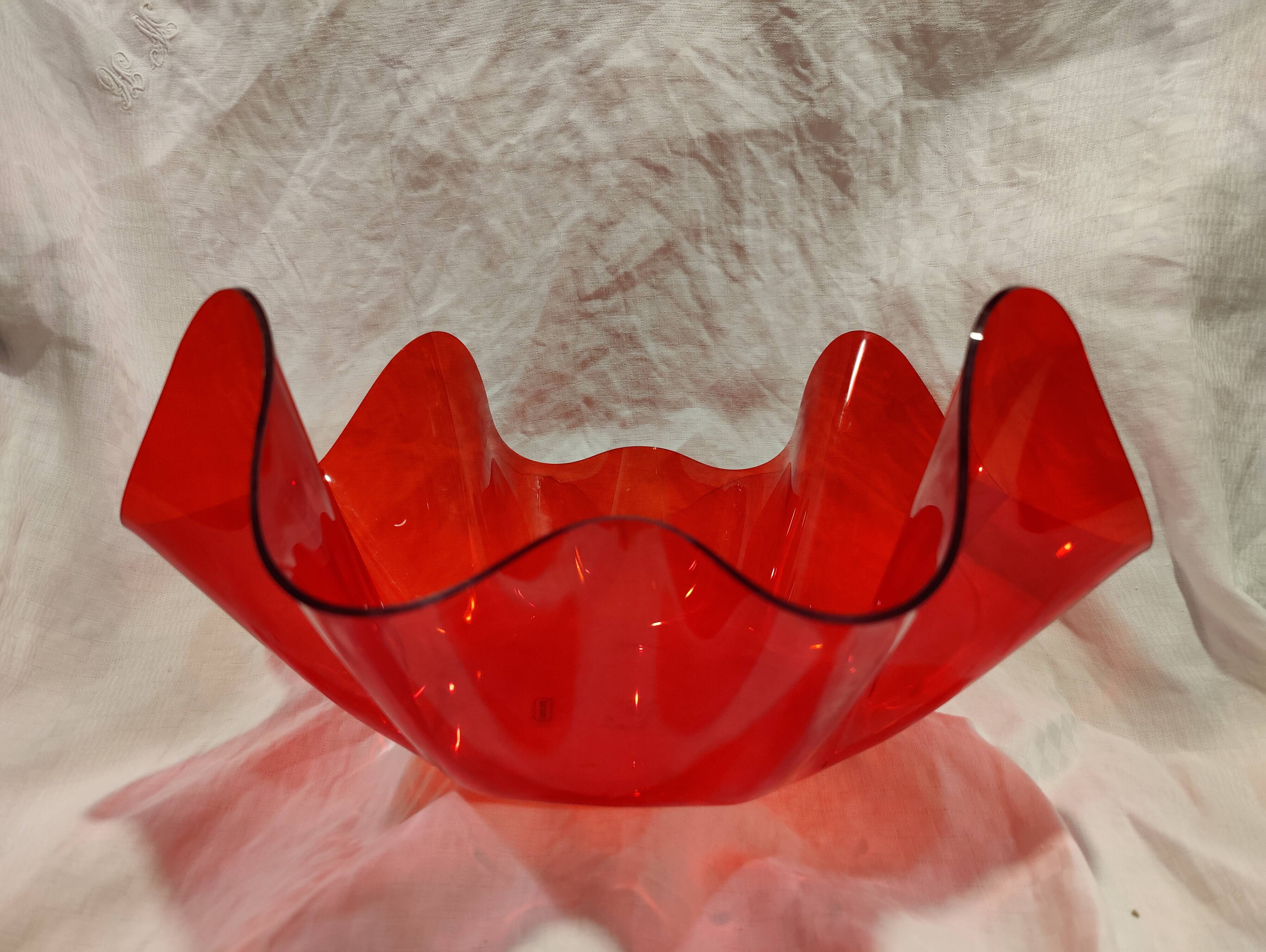 Red plexiglass fruit basket from the 70s