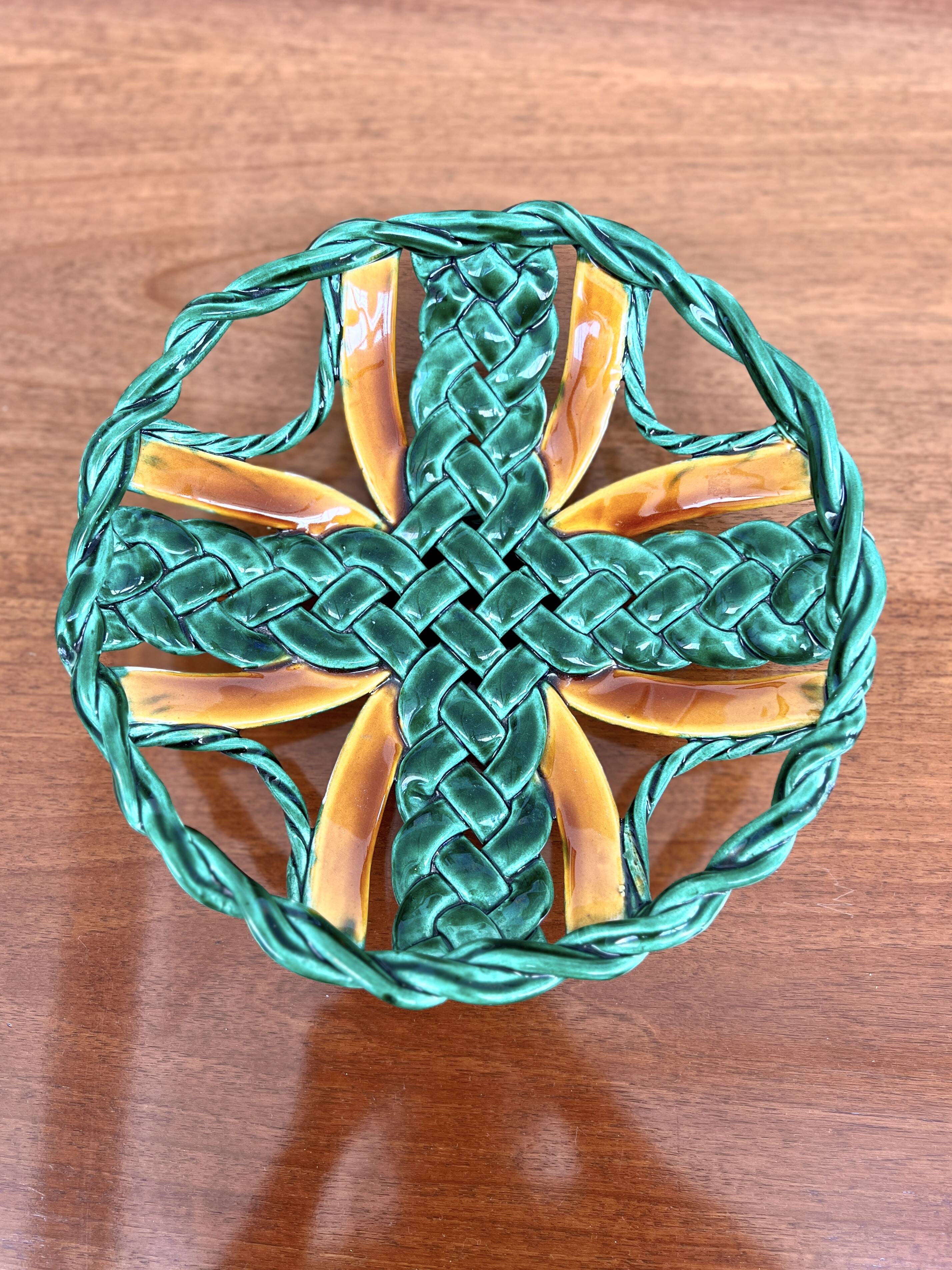 50s green braided barbotine fruit bowl