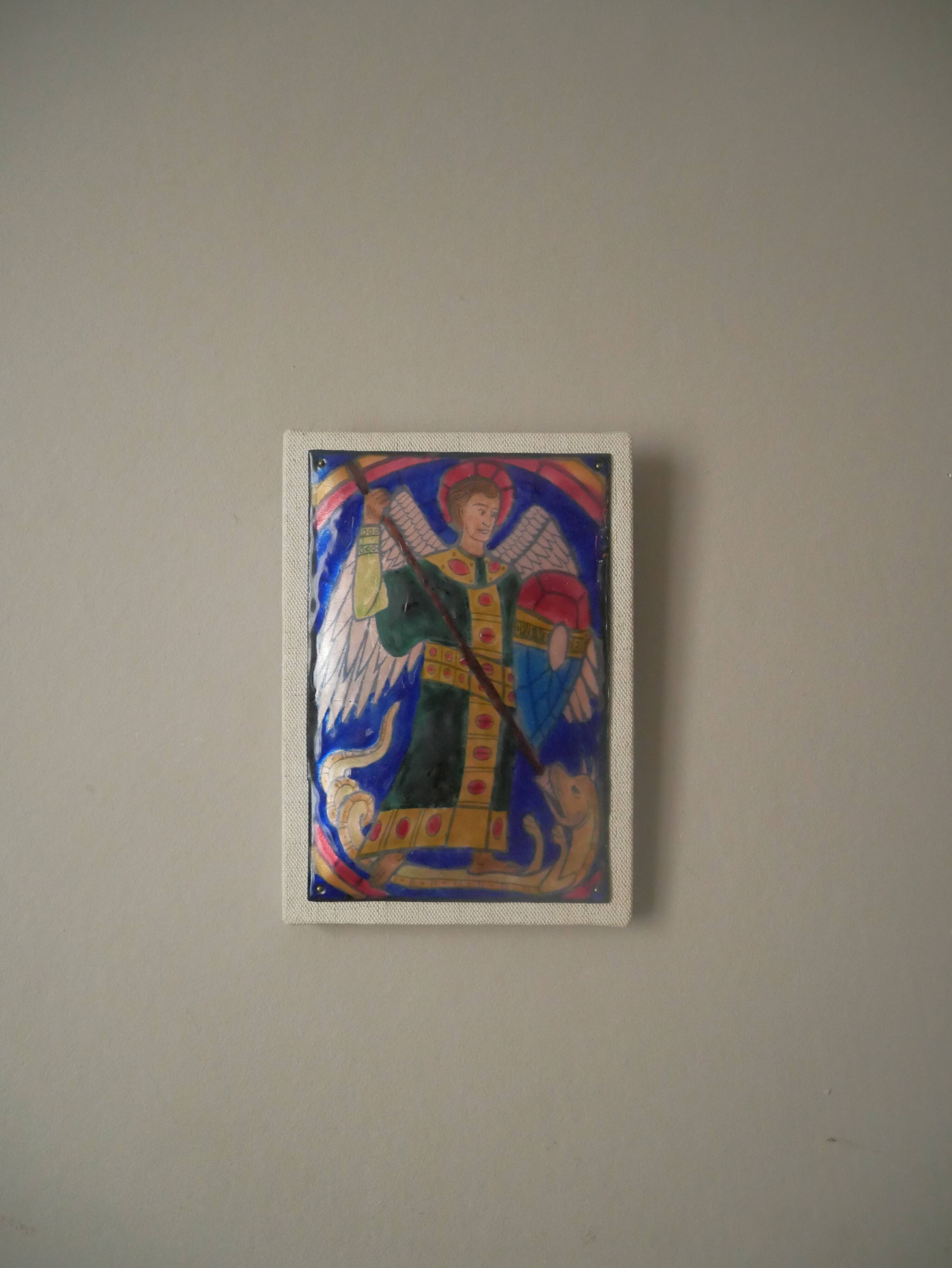 Enamel of the great fire of Saint Michael on a wooden frame religious object Saint Martin Abbey decoration frame