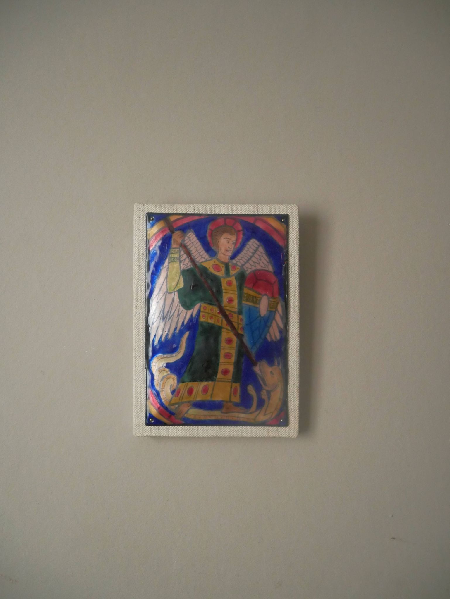 Enamel of the great fire of Saint Michael on a wooden frame religious object Saint Martin Abbey decoration frame