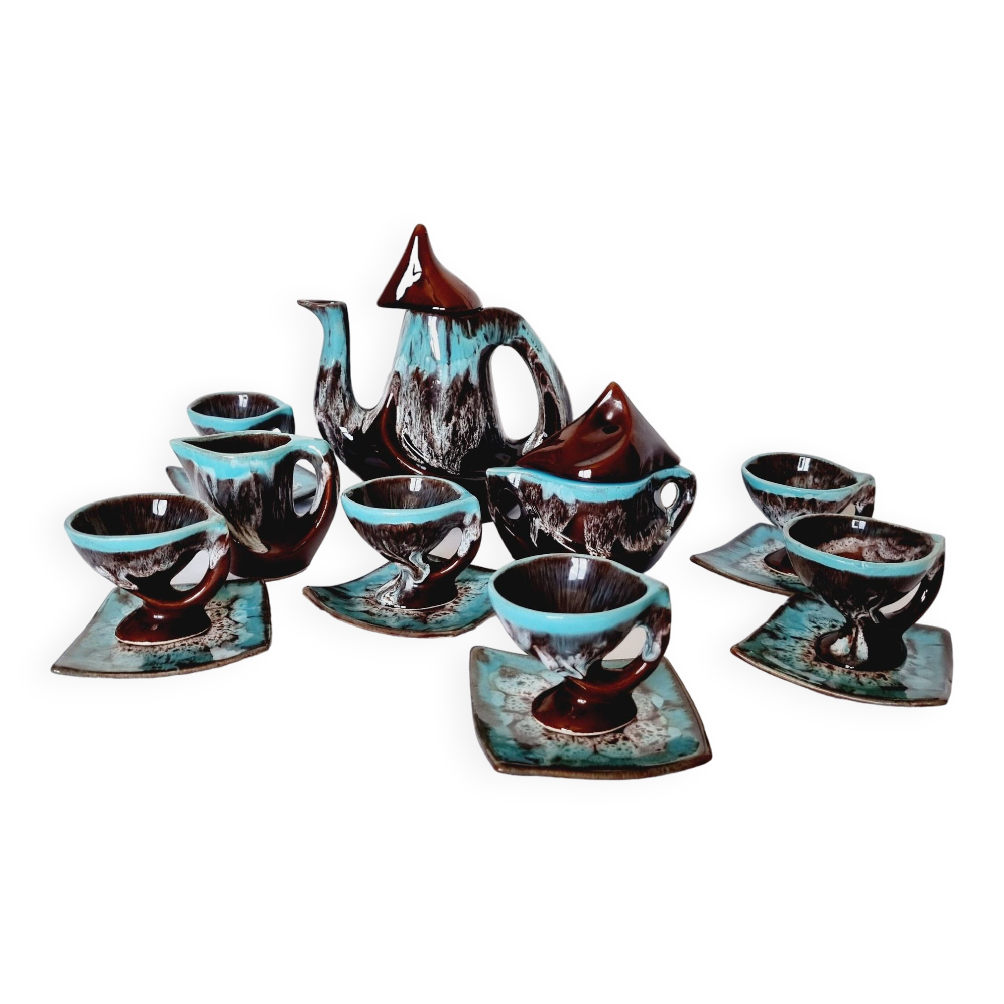 Impressionnant service à café français en céramique de Vallauris, design de style milieu du siècle