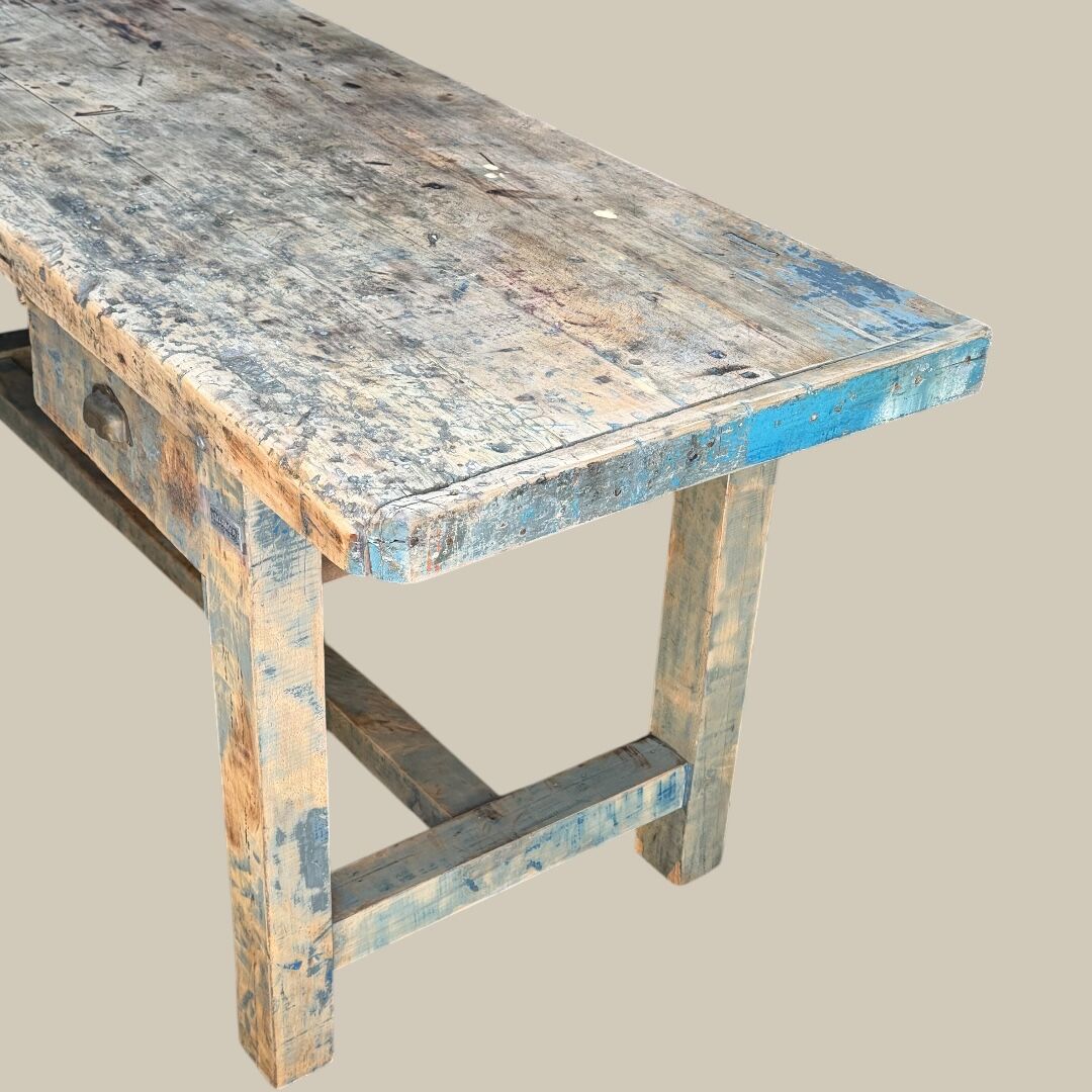 Blue patina beech drawer console established in 1940.