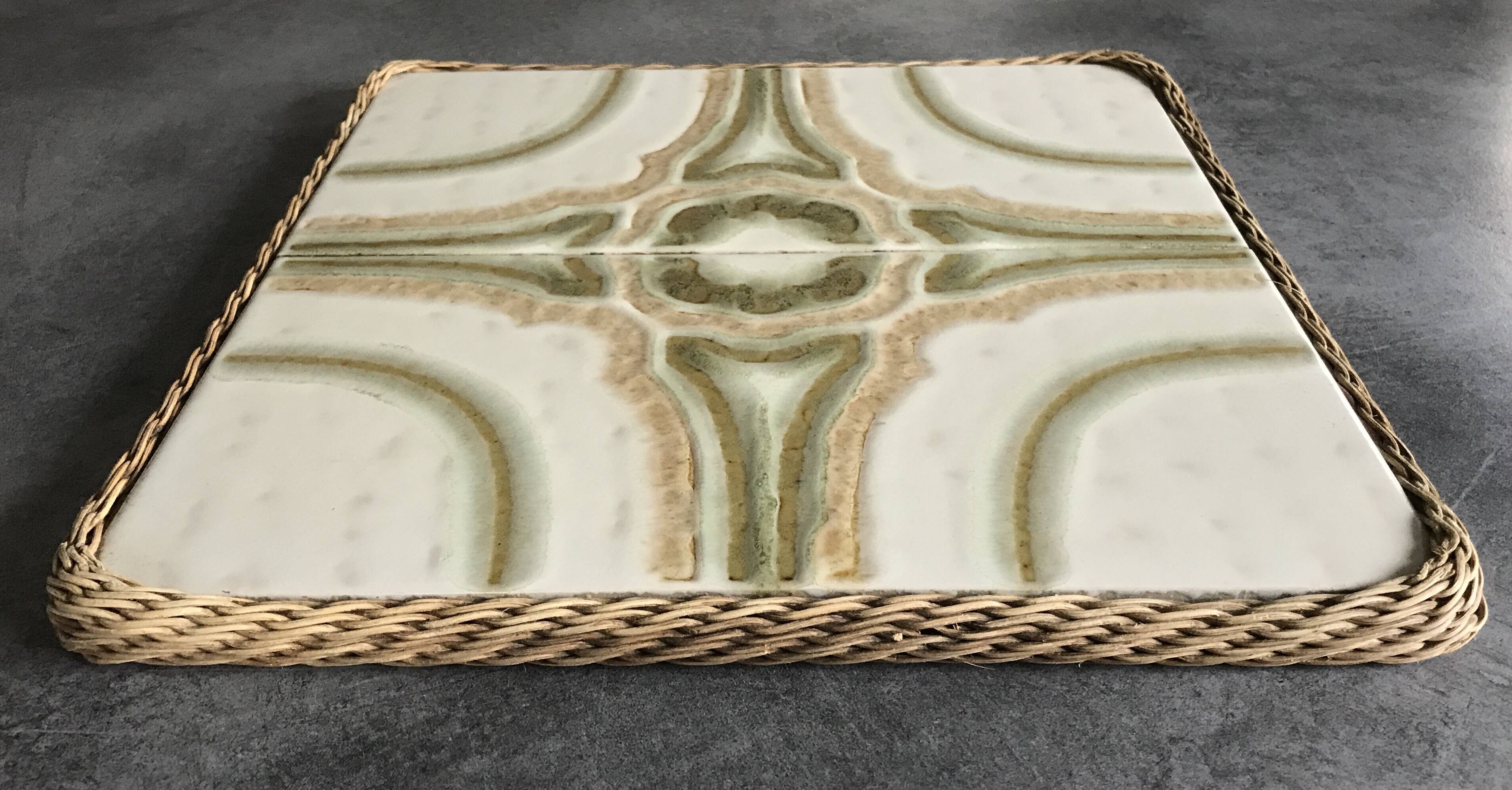 Ceramic tile trivet with vintage pattern woven wicker outline