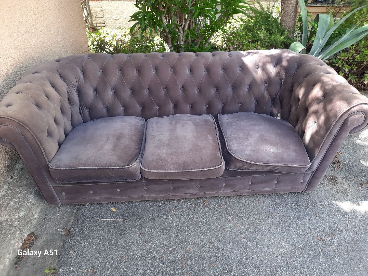Purple velvety fabric sofa three-seater upholstered Chesterfield
