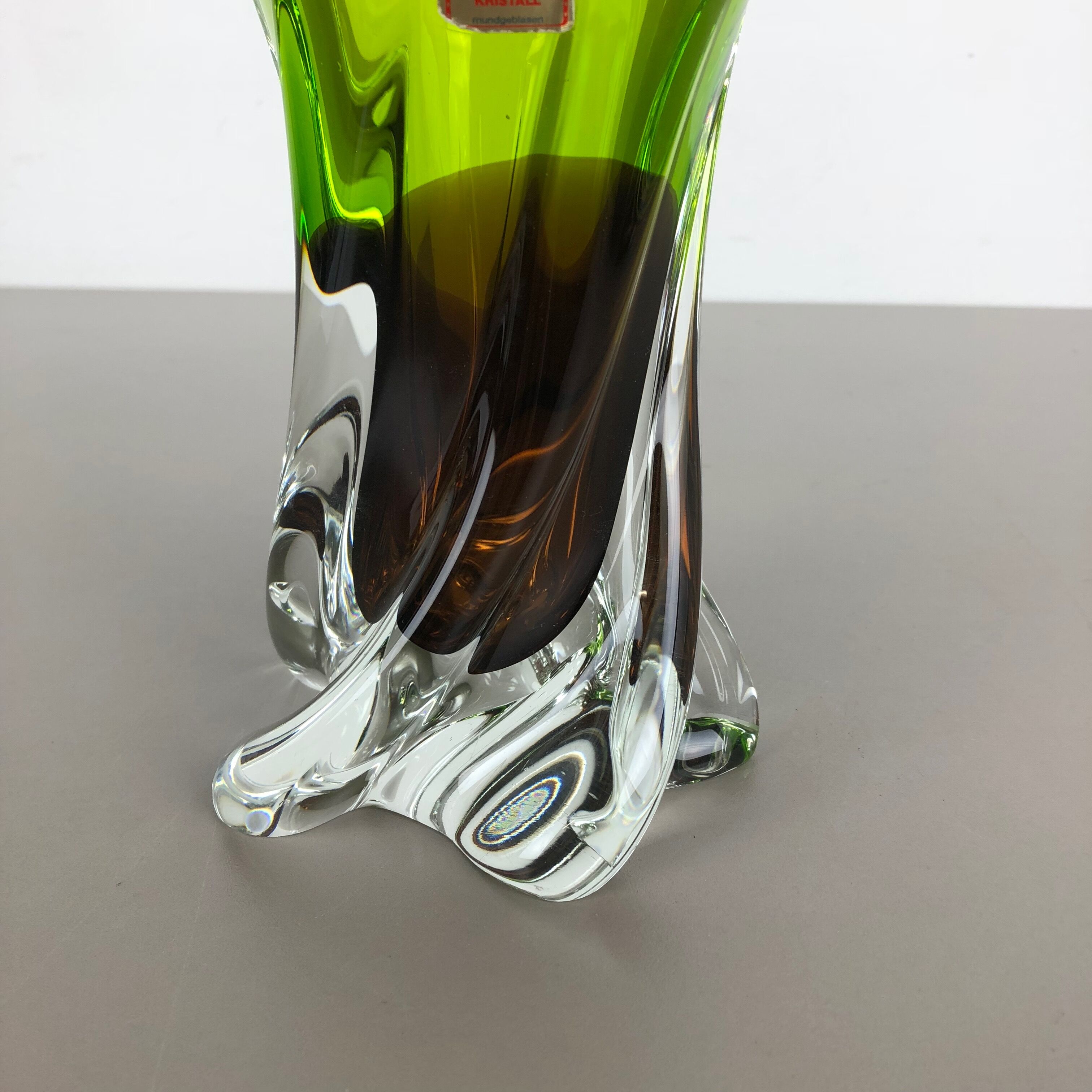 Large Vintage Green Brown Hand Blown Crystal Glass Vase by Joska, Germany, 1970s