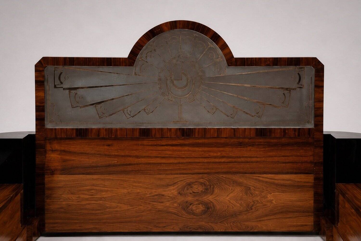 Double bed Art Deco – Rosewood, black lacquer and frosted glass – 1930s